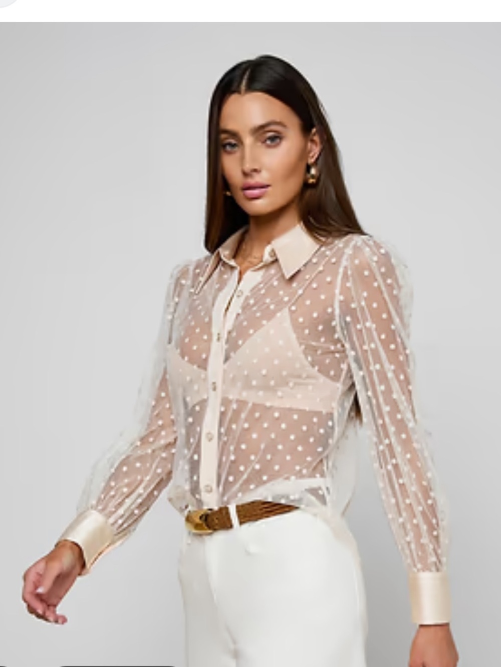 L'AGENCE Sophie LS Dot-Embroidered Blouse in Ivory
